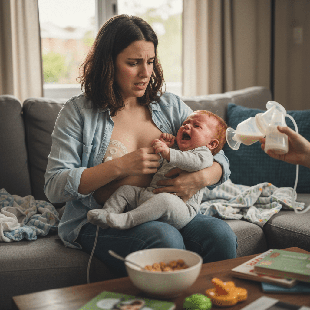 Mother using breast pump holding crying baby in living room