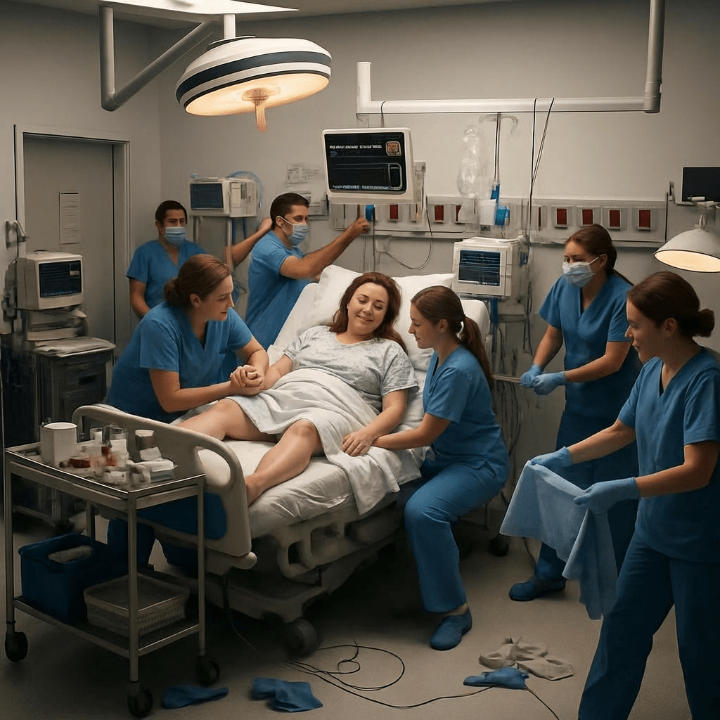 Woman in hospital bed surrounded by masked medical staff monitoring vitals and preparing newborn care